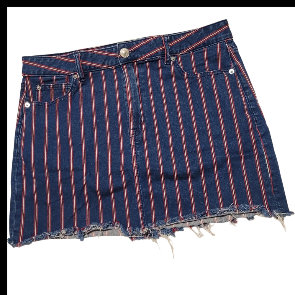 American Eagle Outfitters Navy Denim Mini Skirt with Red Pinstripes